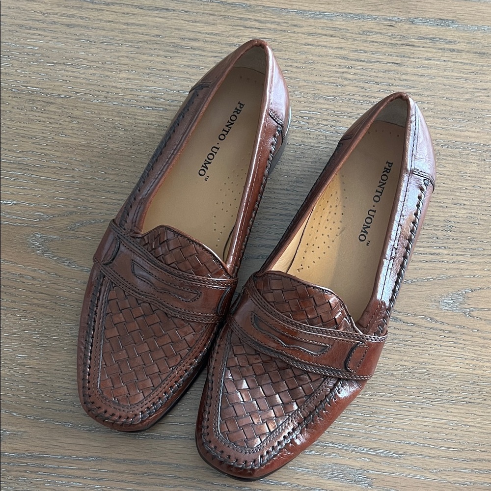 Pronto Uomo Brown Woven Leather Slip On Penny Loafers‎ Size 8.5